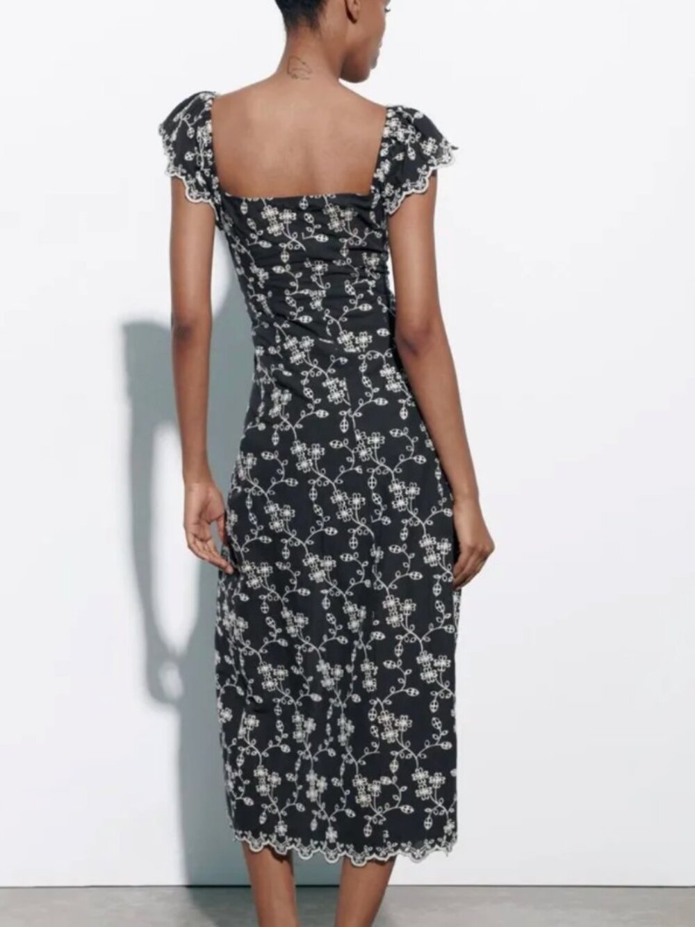Zara | Cotton Embroidered Eyelet Midi Dress Navy & White | Size XS - Picture 3 of 12